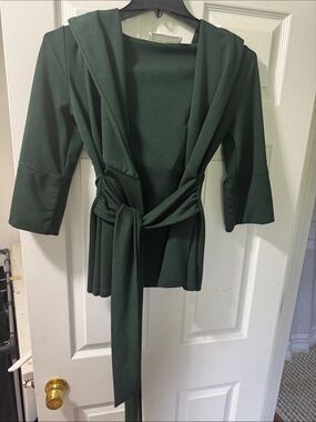 Women's Dark Green Hooded Wrap Jacket with Tie Belt